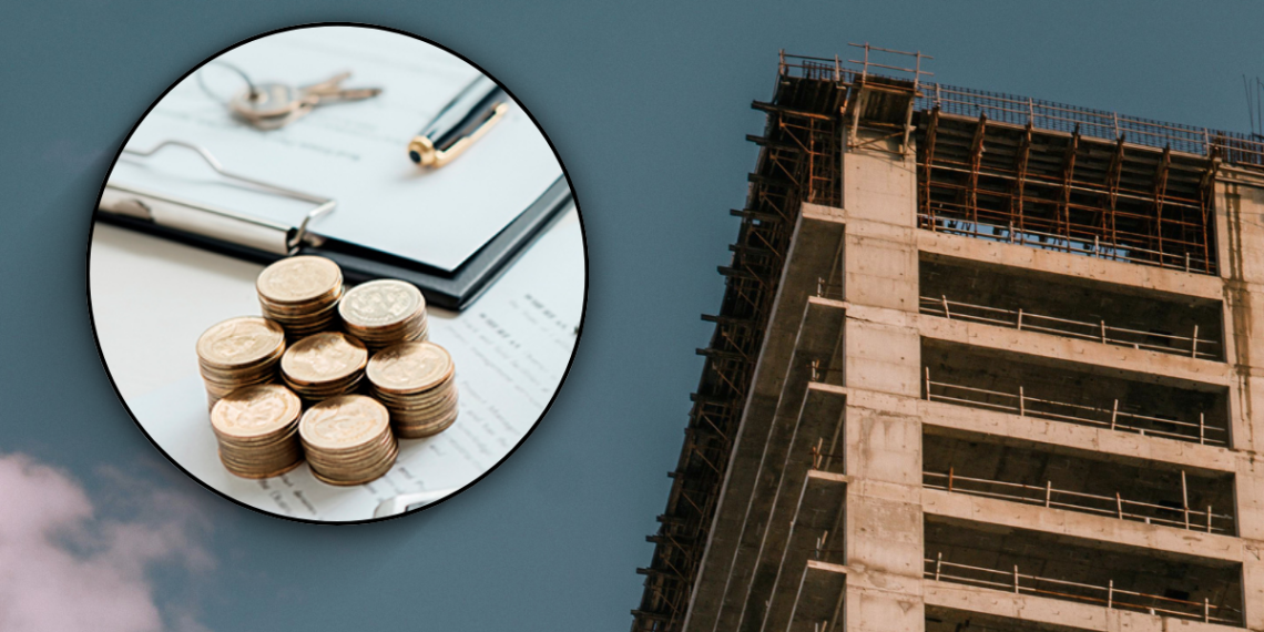 Construction site on the right with a tall building under development; inset shows coins on documents and a pen, indicating project financing or construction costs.