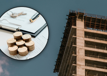 Construction site on the right with a tall building under development; inset shows coins on documents and a pen, indicating project financing or construction costs.