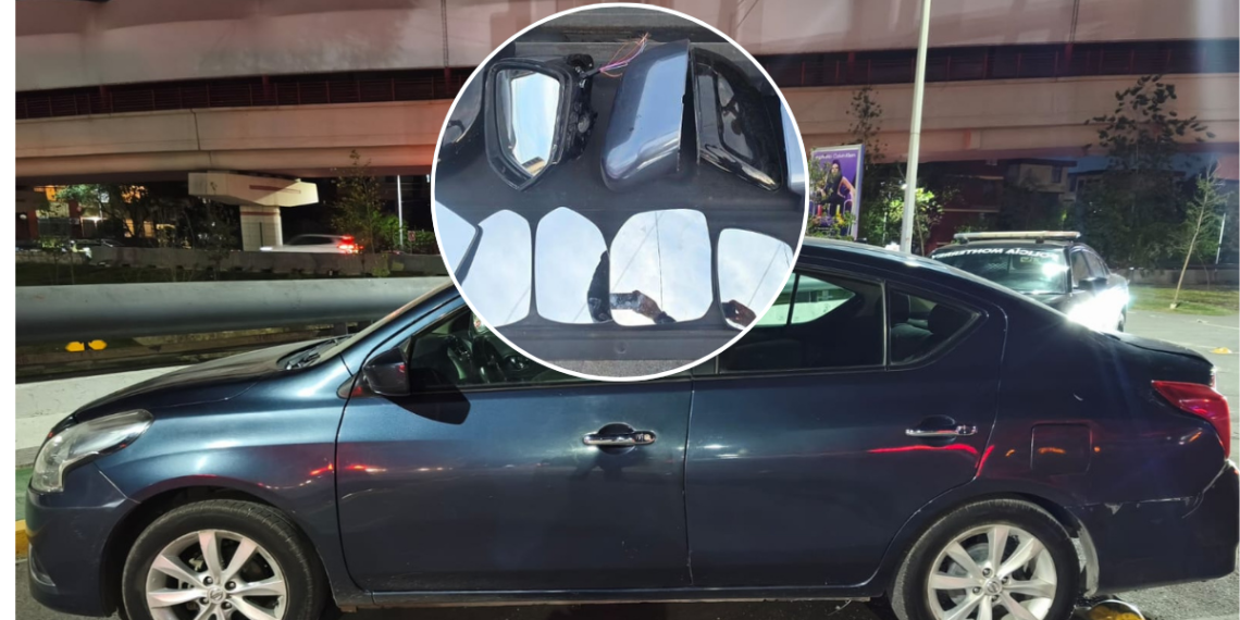 Blue sedan parked on the street with a severely cracked front windshield, shown in a zoomed circular inset highlighting the shattered glass from an impact.